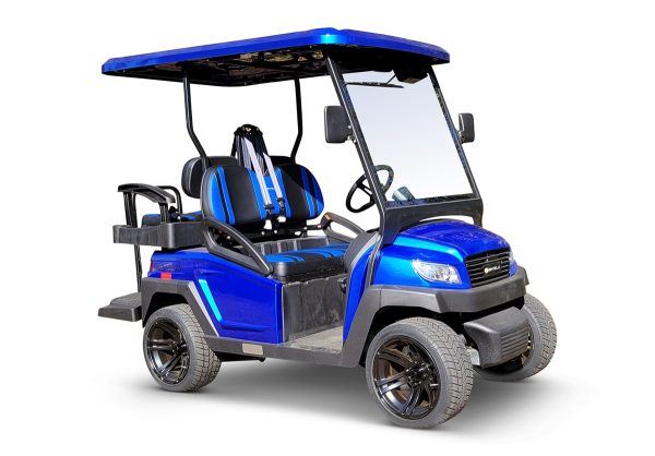 blue four-passenger Bintelli Golf Cart