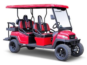 red six-passenger Bintelli golf cart