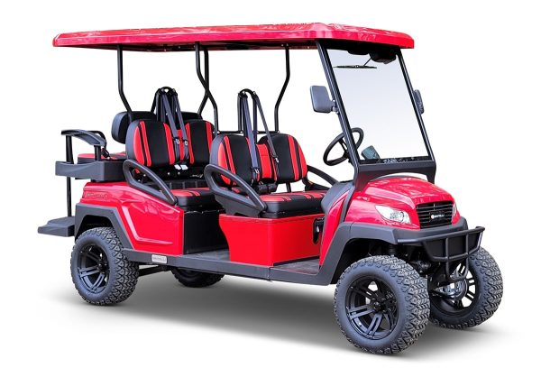 red six-passenger Bintelli golf cart