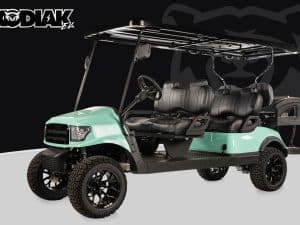 Blue six-passenger Defender golf cart